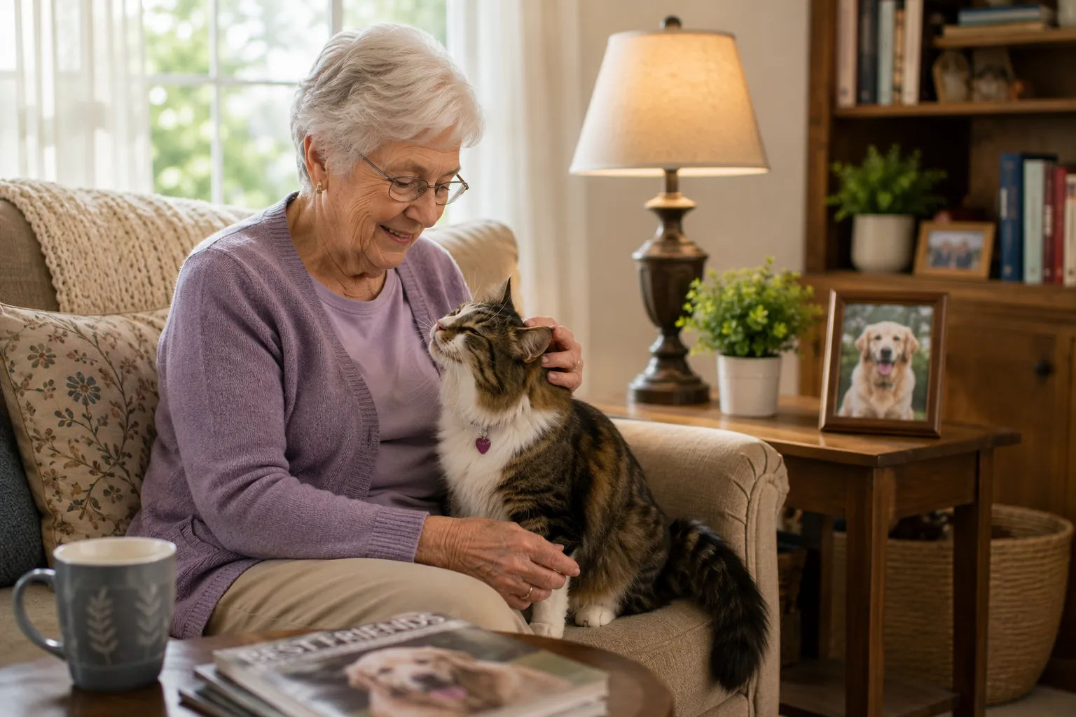 Senior adult playing with a friendly cat indoors
