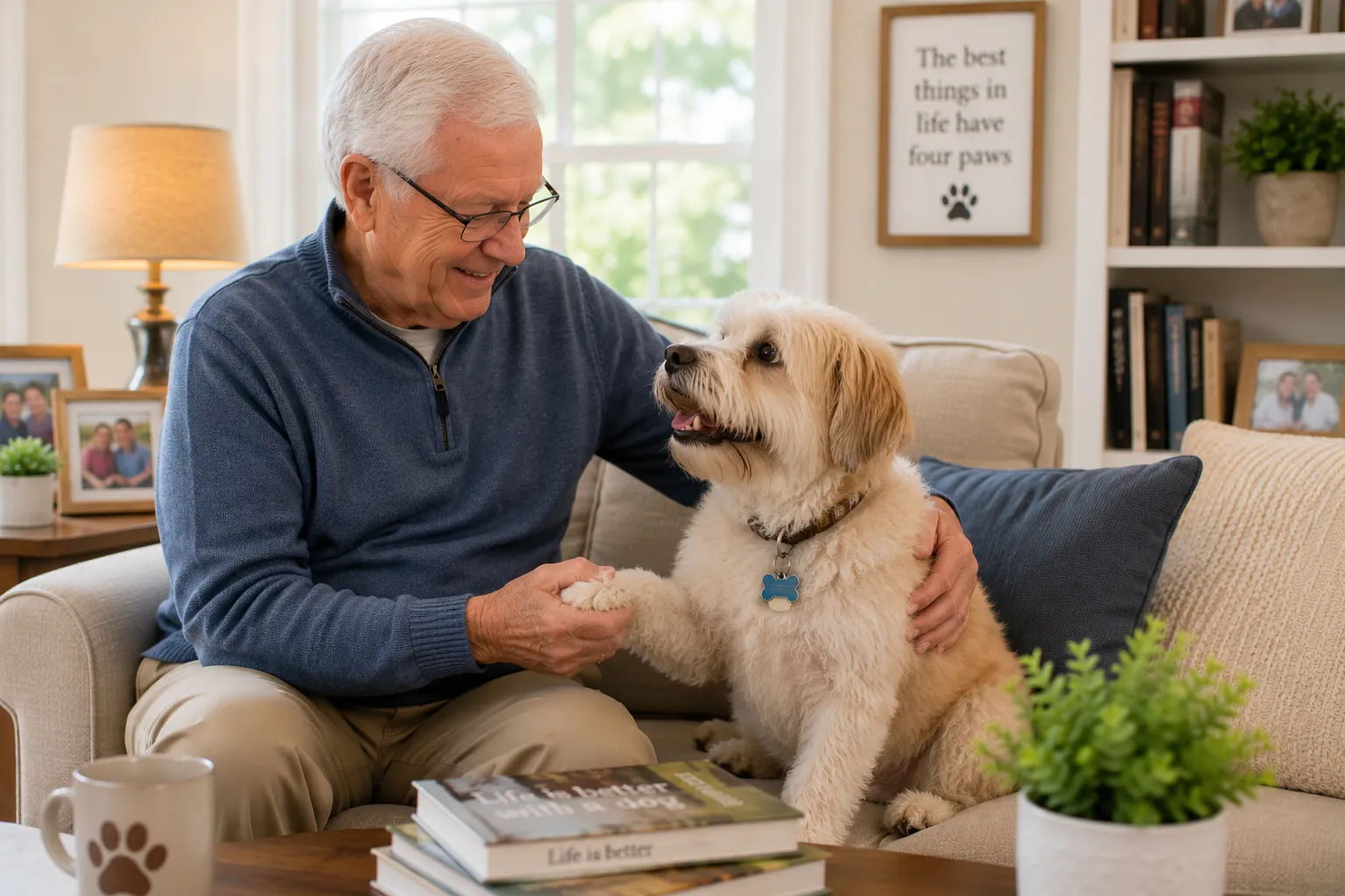 Senior man walking peacefully outdoors with a well-behaved dog