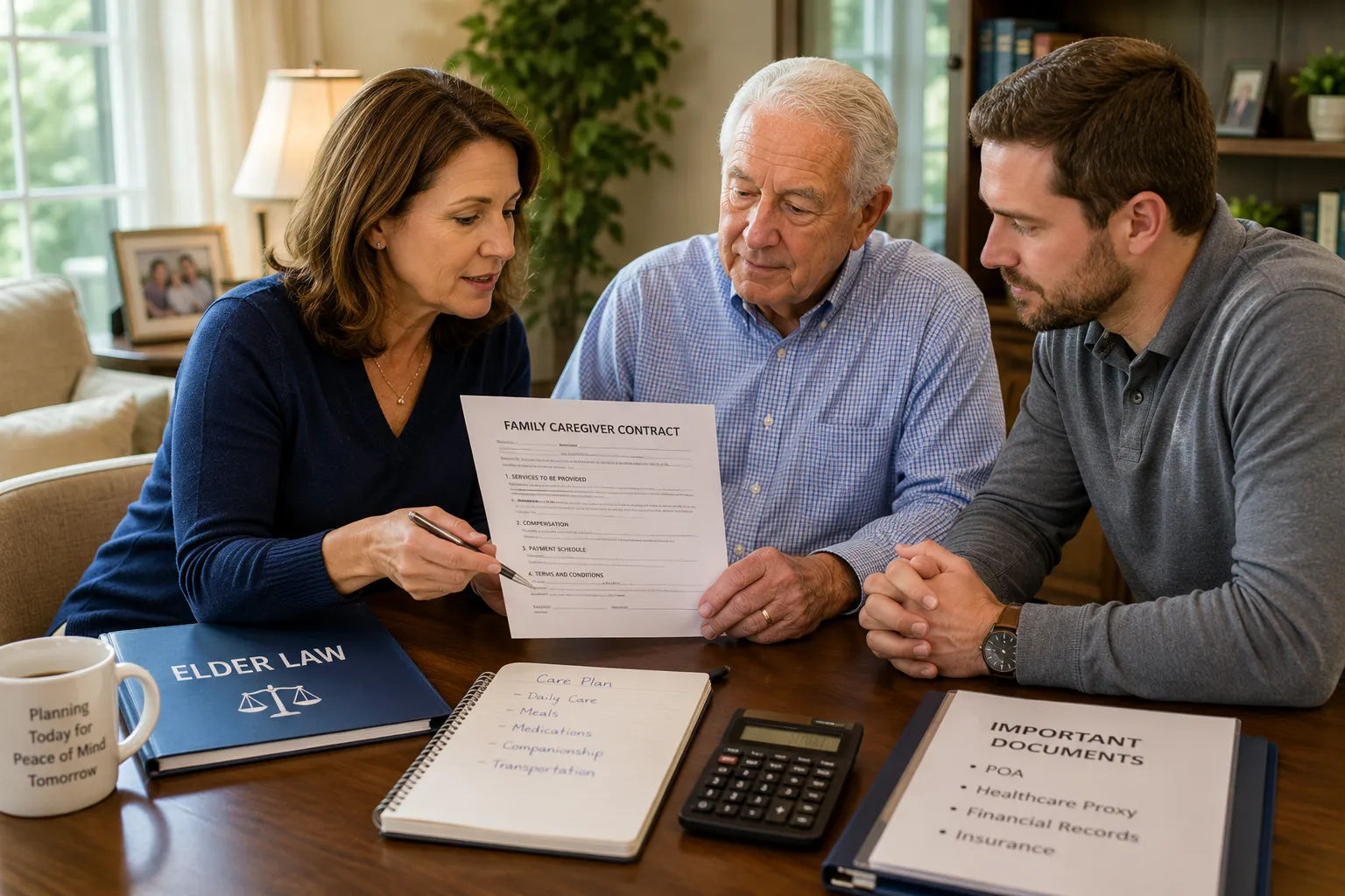 Reviewing formal caregiver agreements with an elder care specialist