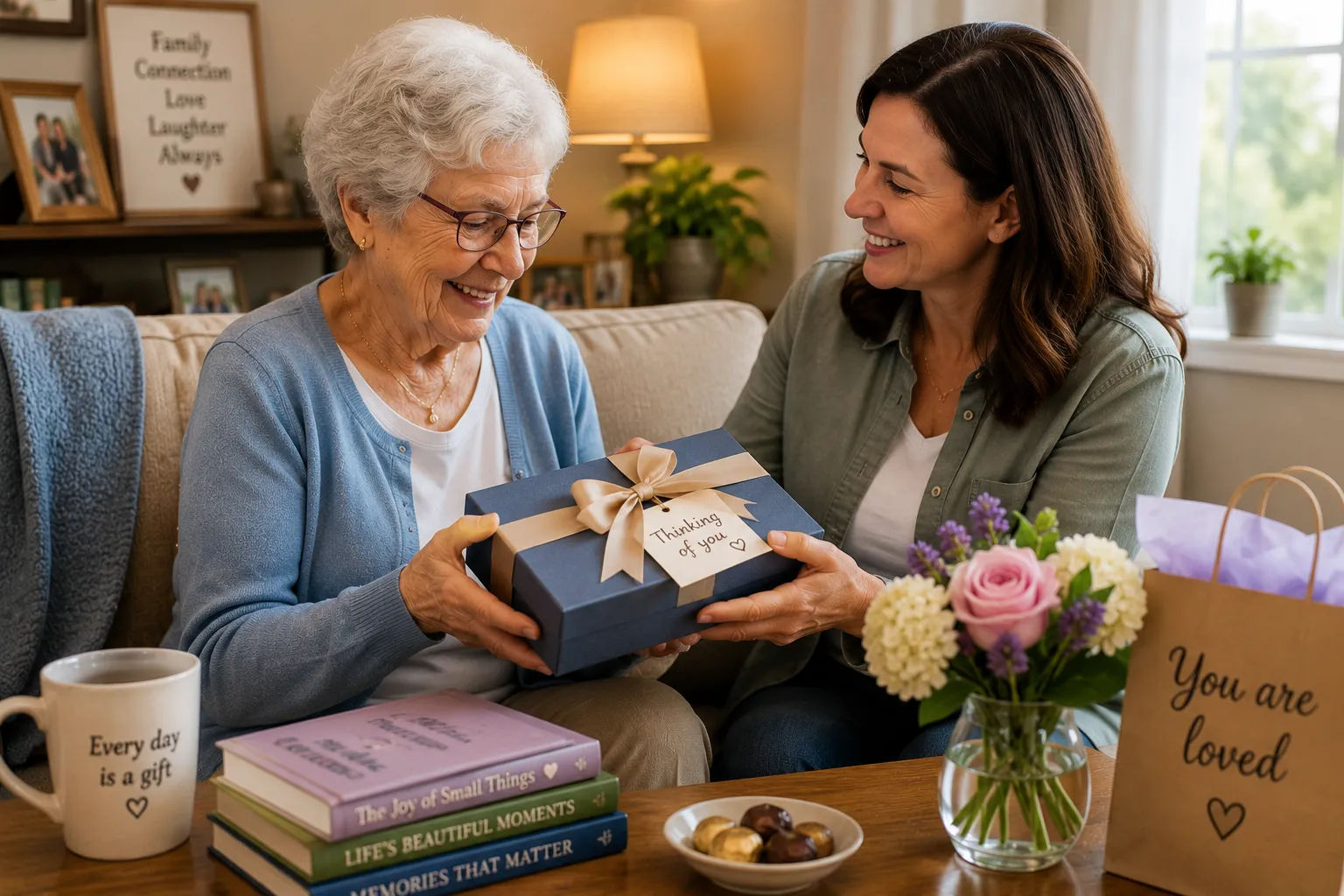 Comfortable cozy blanket and warm reading items for seniors