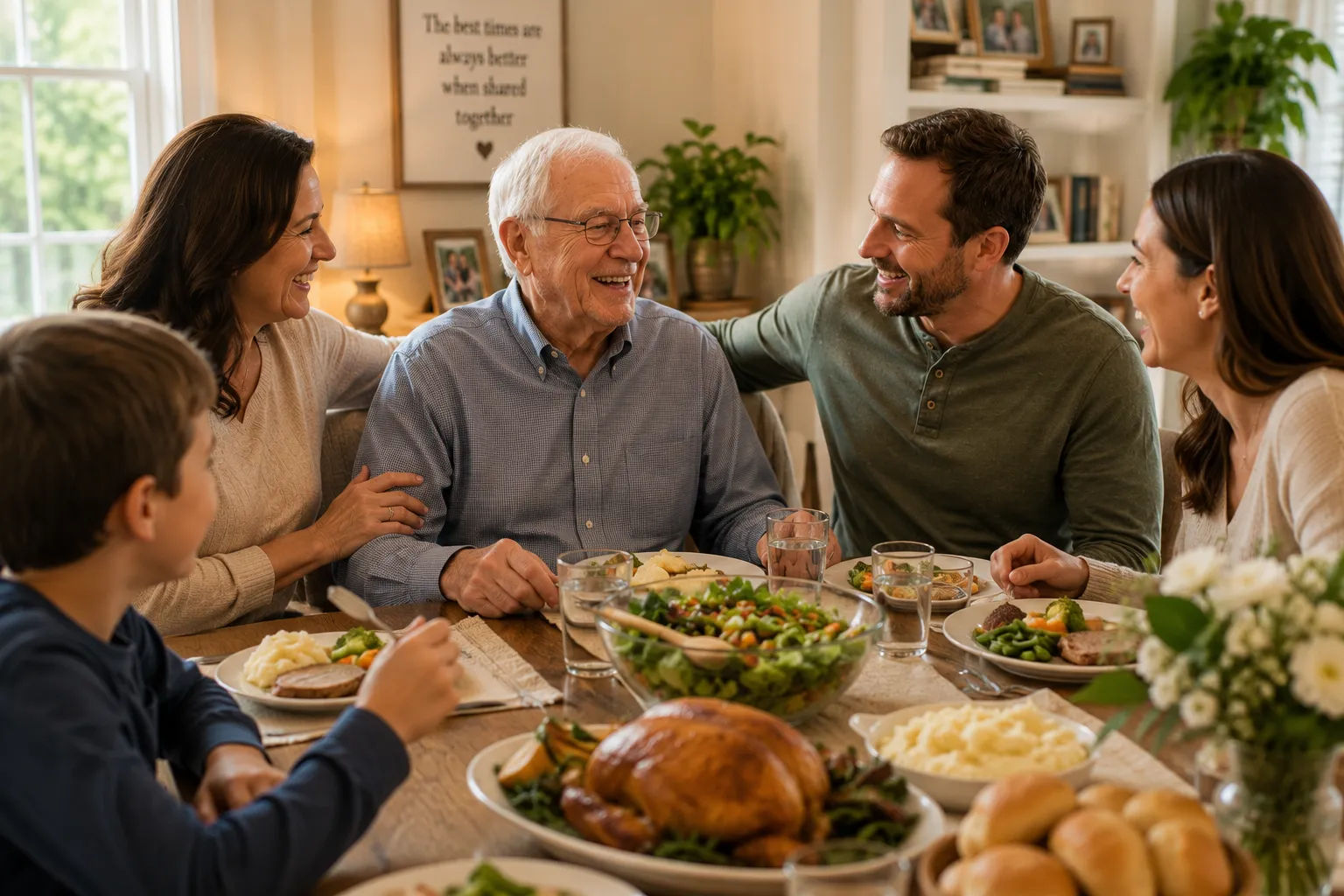 Senior smiling while video calling family on a tablet