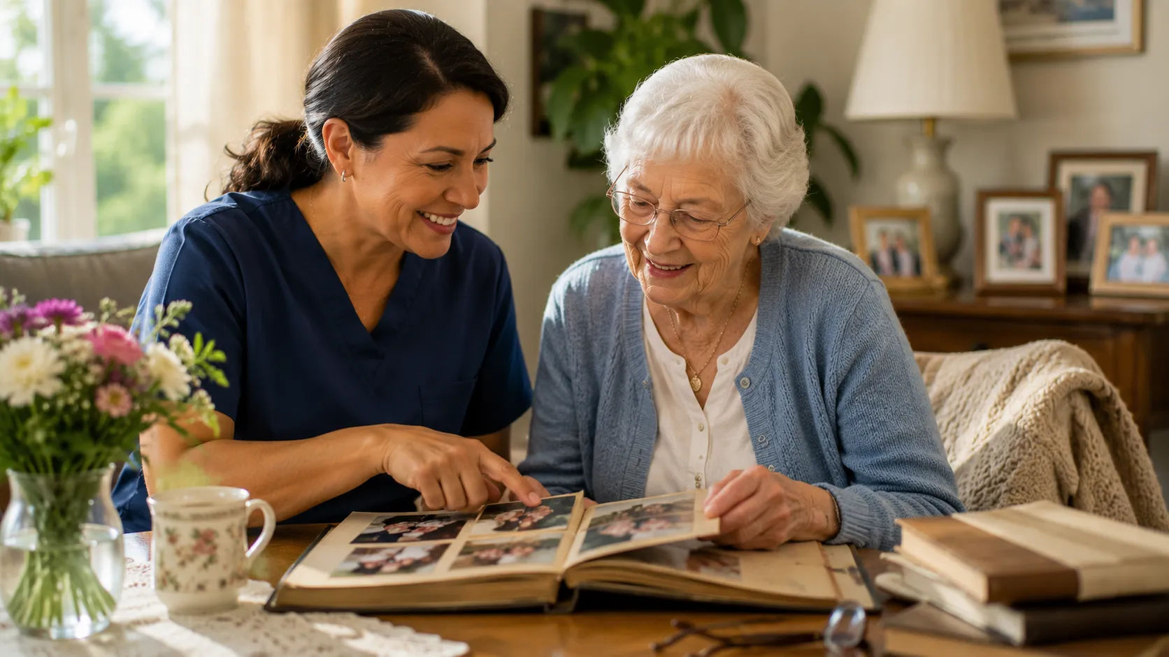 Live-in caregiver assisting an elderly parent at home with a comforting routine