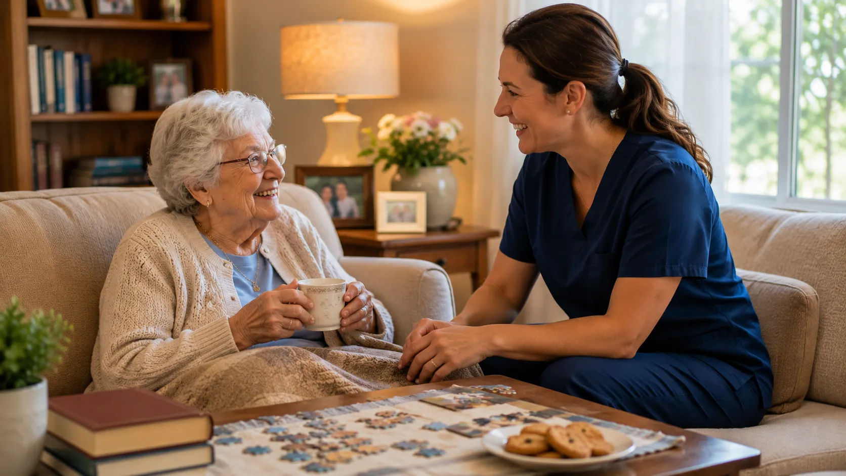 Caregiver helping an older adult view family photos on a digital frame