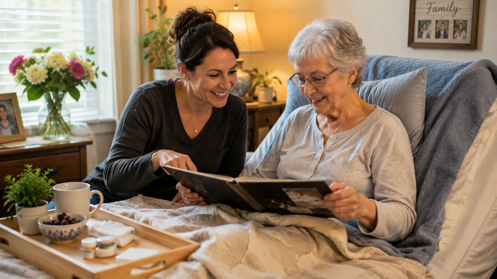 Warm winter comfort gifts like a cozy blanket and slippers for seniors