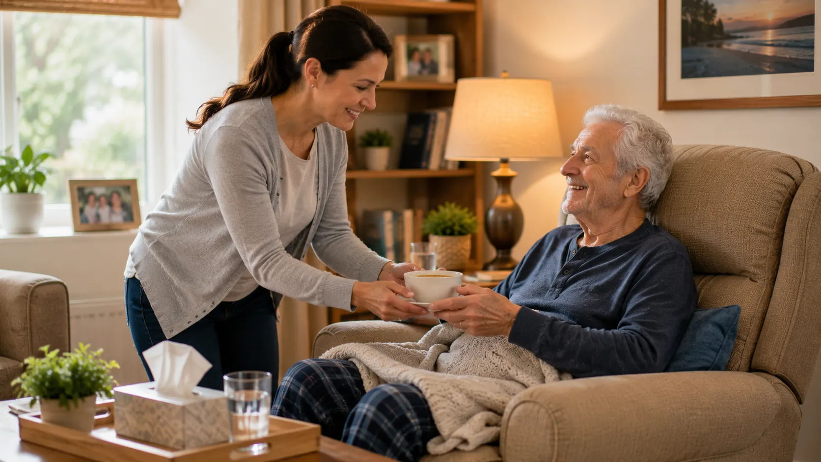 Senior smiling while looking at family photos on a digital frame