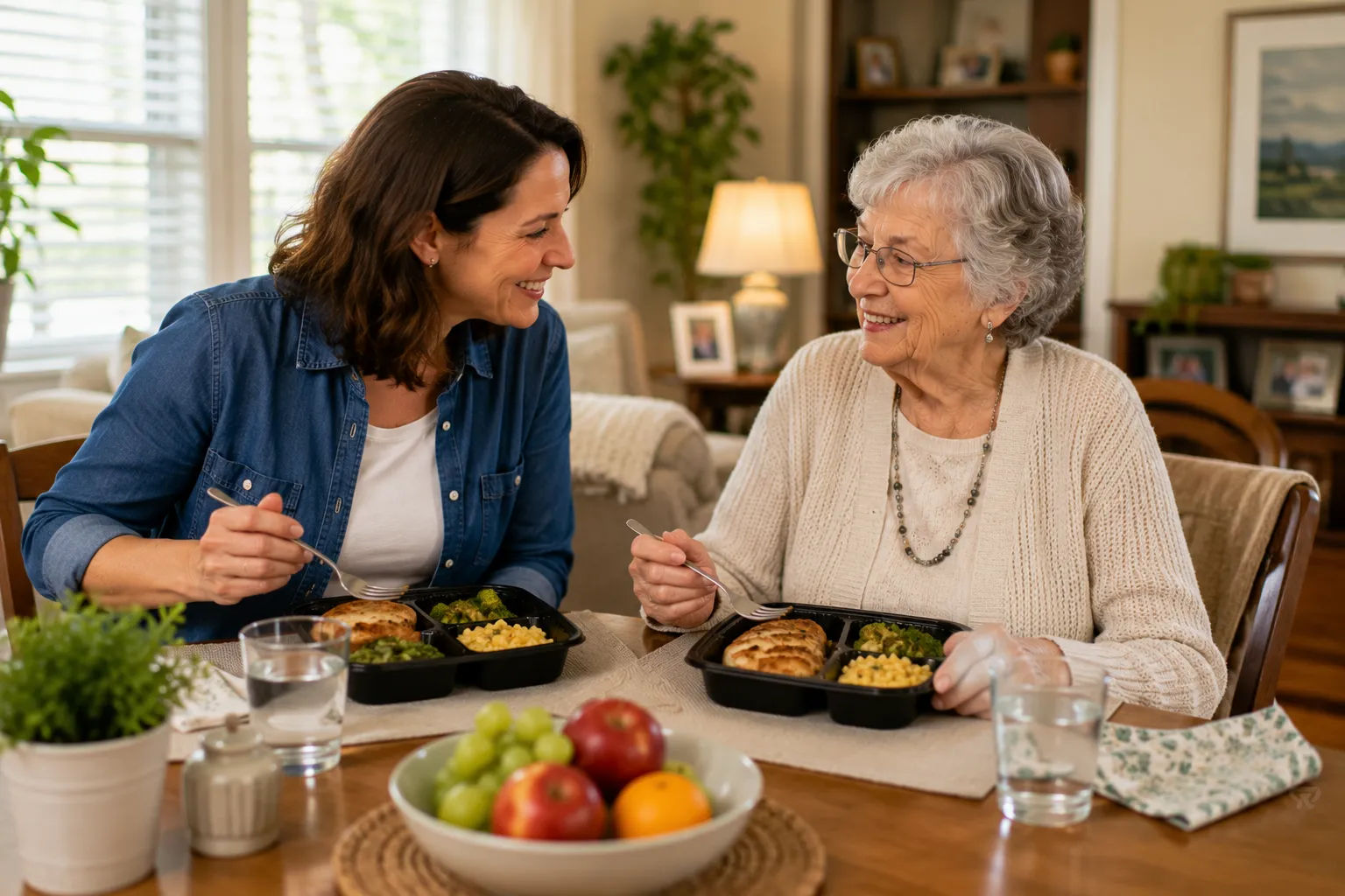Friendly volunteer delivering a hot meal to a senior at their front door