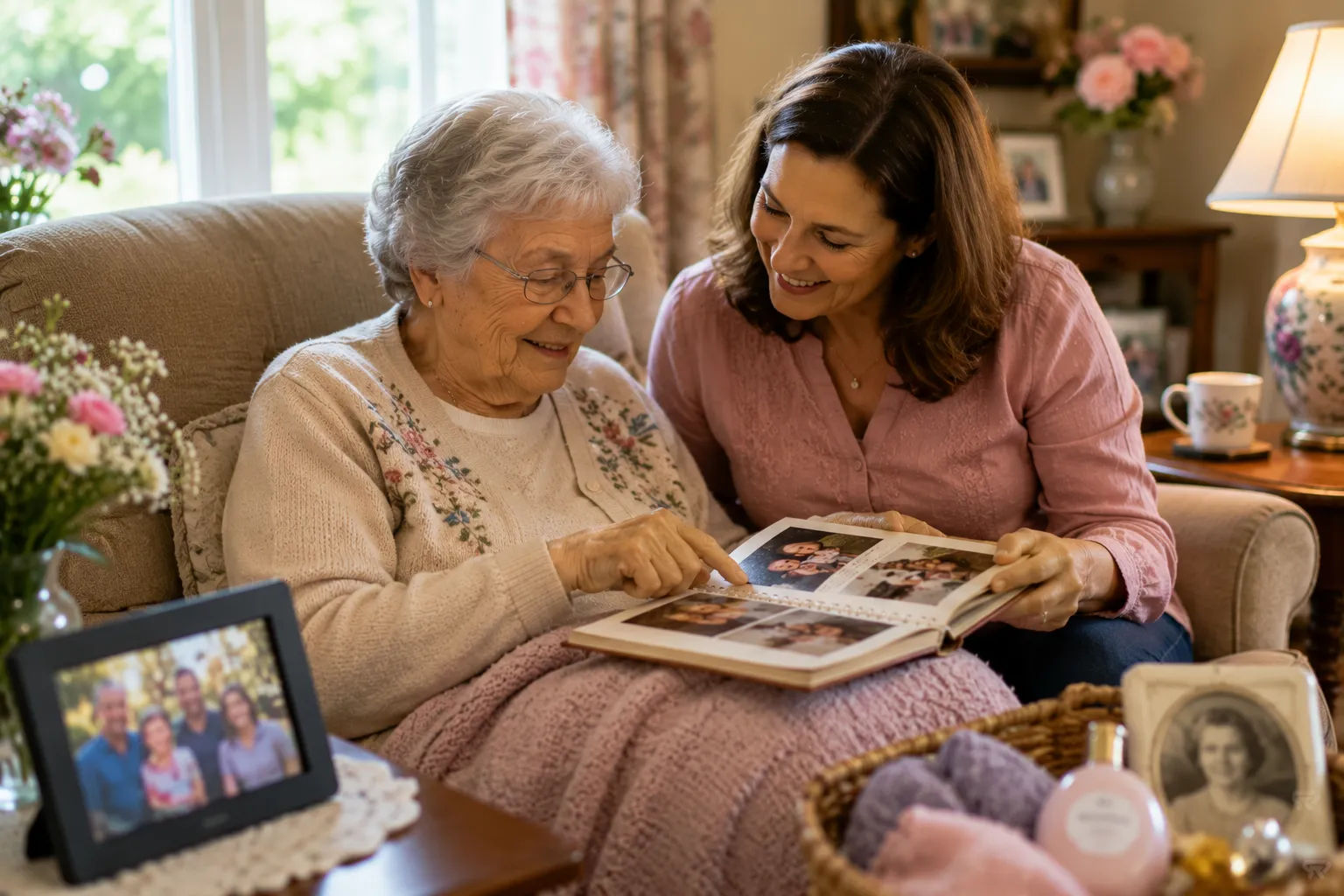 Mother and daughter sharing a joyful photo book on Mother's Day