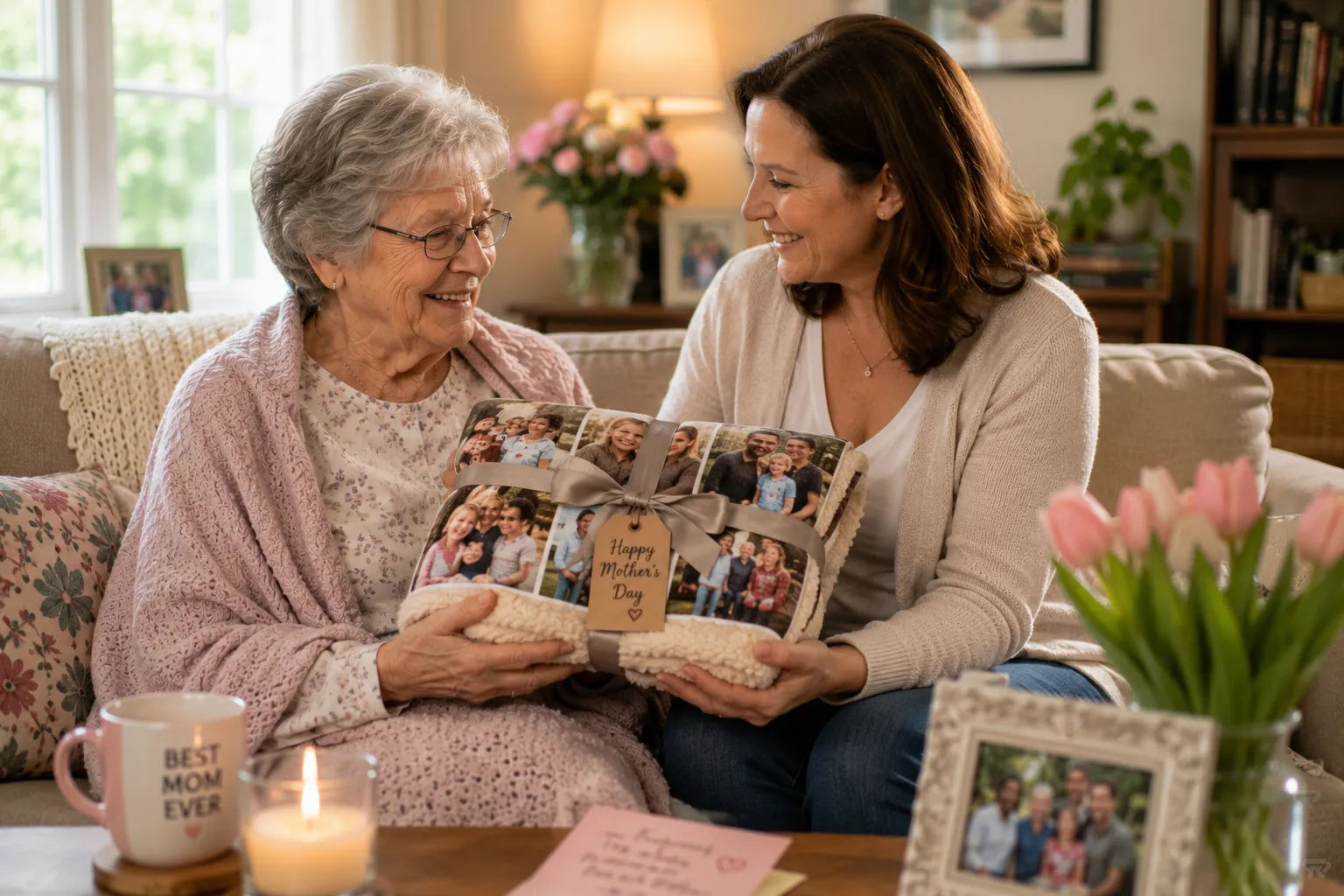 Cozy comfort items and a warm blanket for mom receiving home care