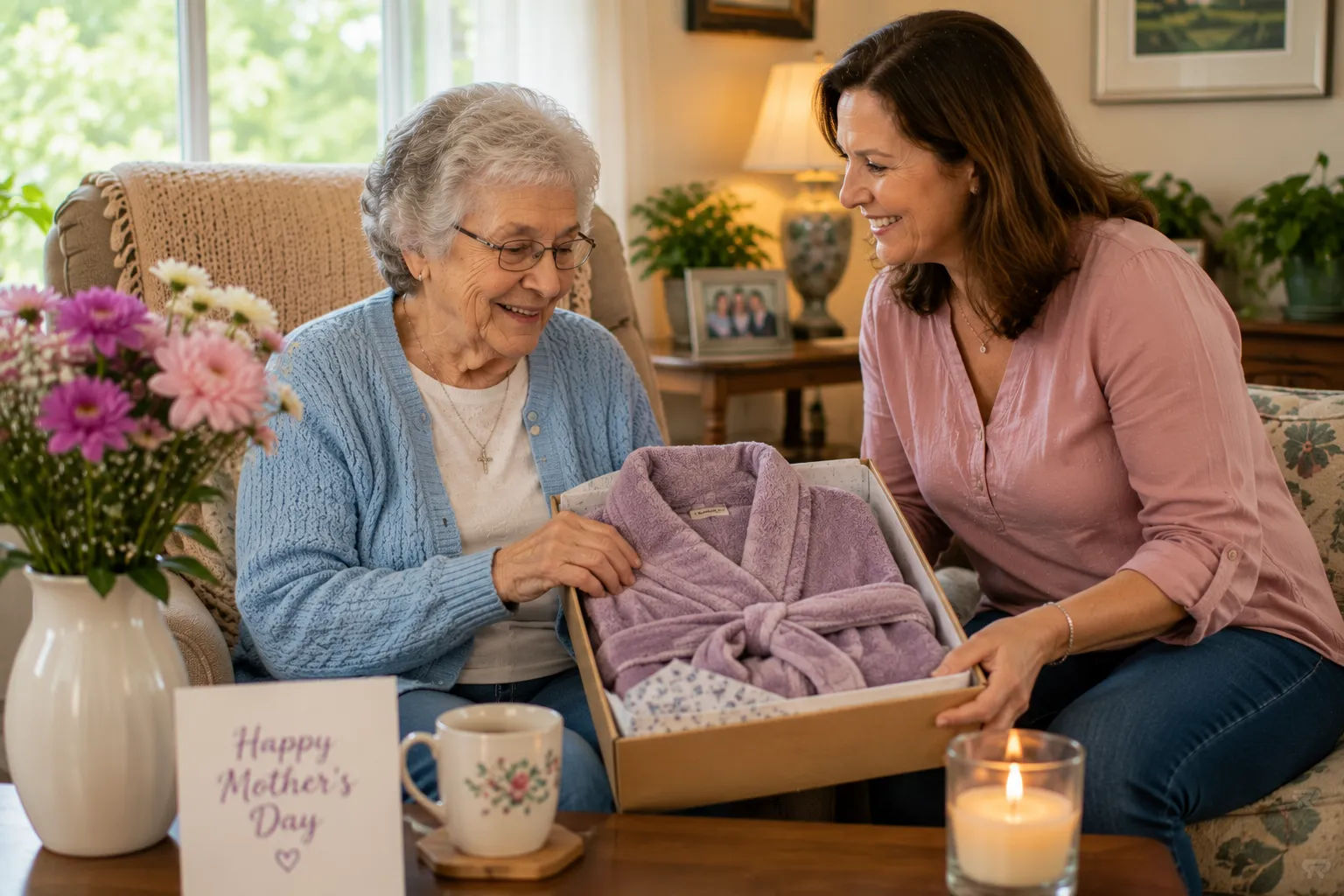 Mother and family sharing a warm moment and viewing a photo frame