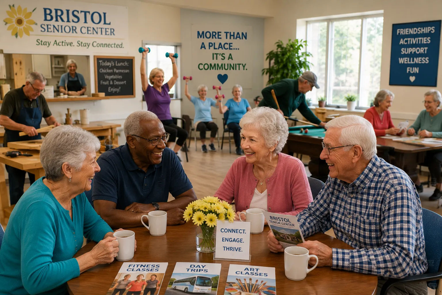 Seniors chatting and enjoying lunch together at a modern community center