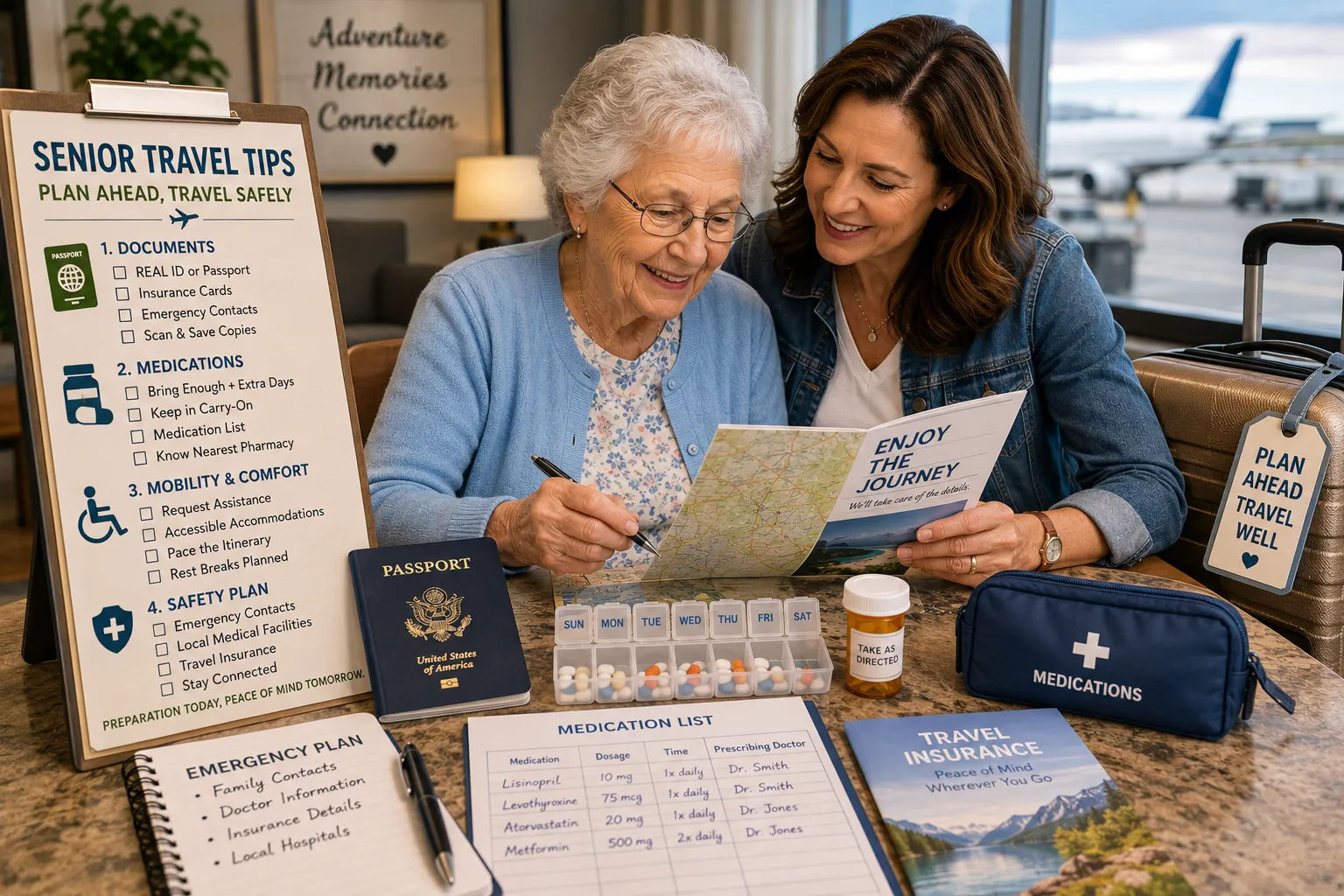 Senior traveler checking itinerary details with family before a trip