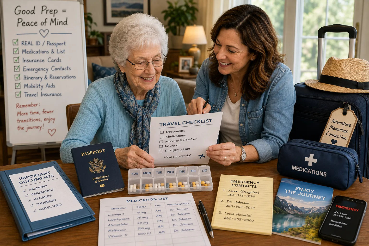 Organizing medications safely in original labeled containers for travel