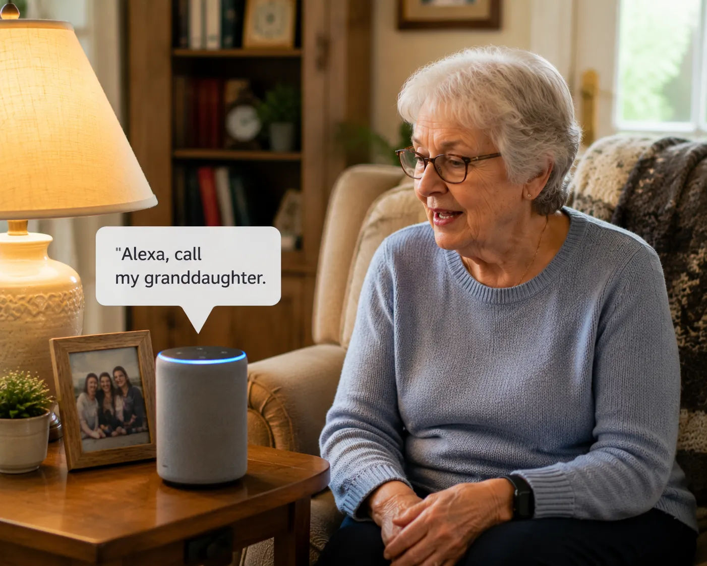 Senior adult wearing a modern cellular medical alert pendant