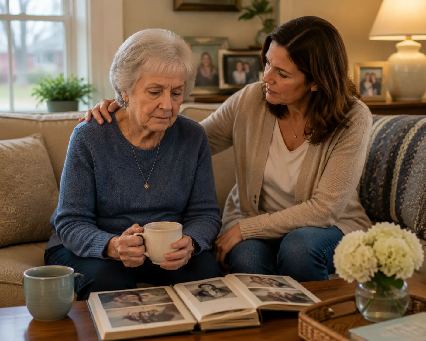 Adult child comforting a grieving parent during a difficult moment at home