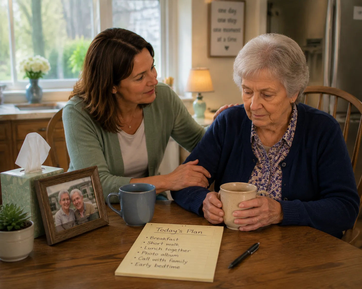 Quiet and supportive conversation between an adult child and grieving parent