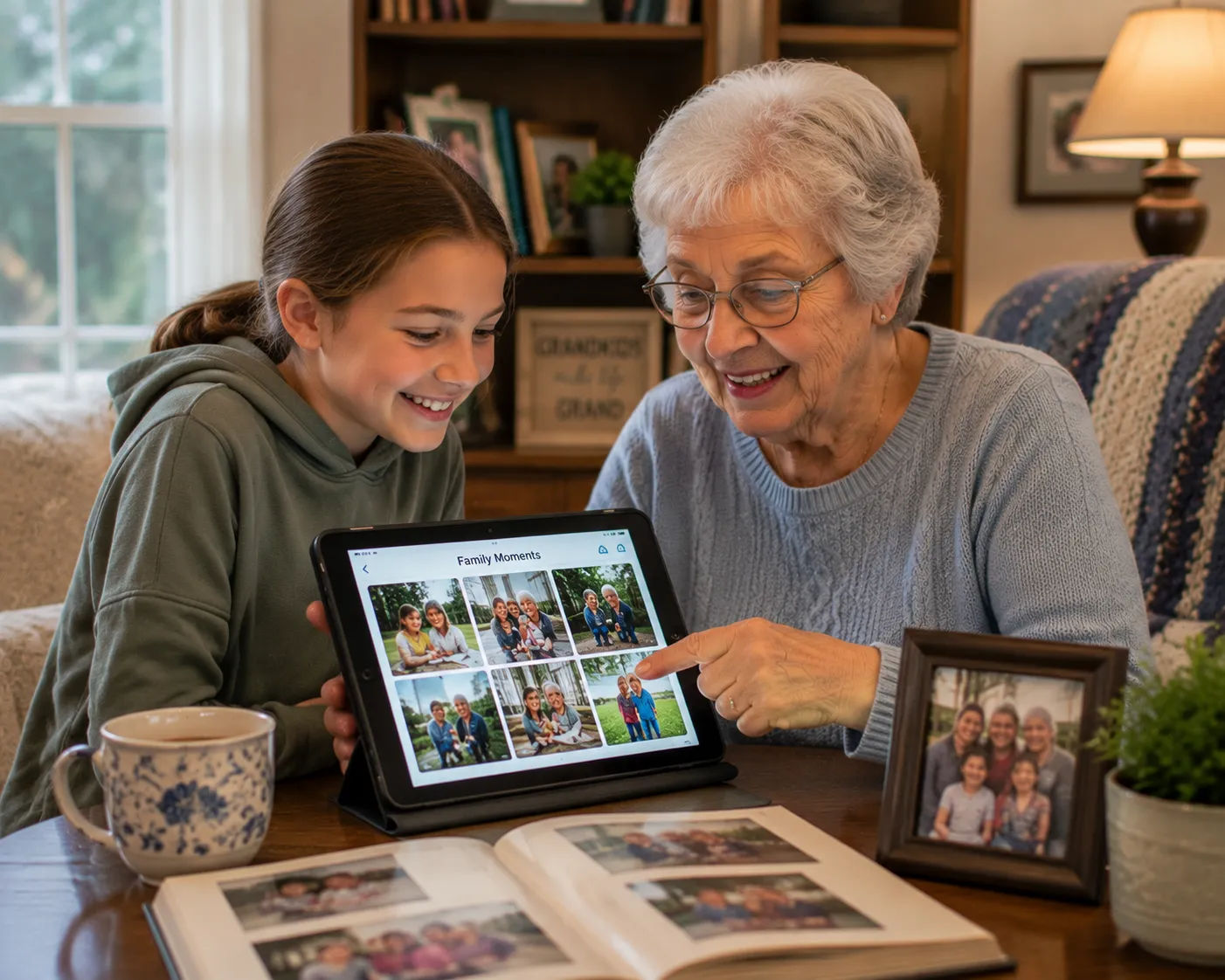 Grandparent happily video chatting with grandchildren on a bright tablet