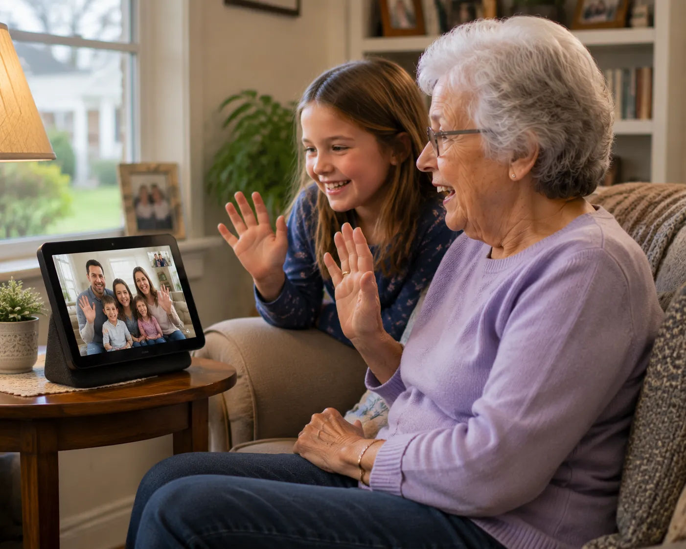 Grandchild helping grandparent set up a simple digital photo frame