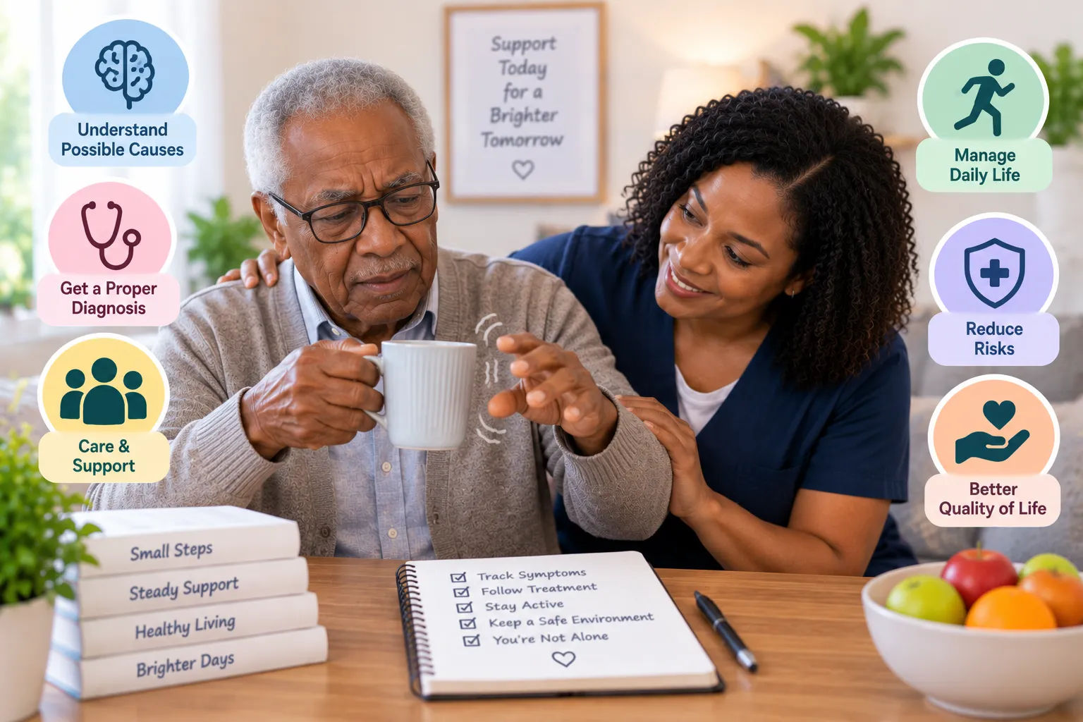Tremors in Elderly Parents: Essential Tremor, Parkinson's, and Other Causes Tremors in elderly parents become increasingly common with age, with essential tremor affecting about 6.3% of adults over 65, rising to more than 20% of those over 95. Essential tremor and Parkinson's disease are the two most common causes, distinguished by pattern: essential tremor typically occurs during movement, like eating or drinking, while Parkinson's tremor typically appears at rest. Medications, thyroid problems, and anxiety can also cause tremors. A doctor can usually determine the cause through examination, and while most tremors aren't dangerous, an accurate diagnosis matters since treatment approaches differ significantly between causes.
