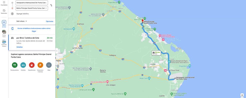 Mapa con distancia del aeropuerto a hotel Bahía Principe Punta Cana