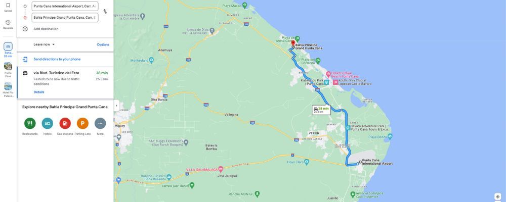 Map with distance from airport to Bahia Principe Punta Cana hotel