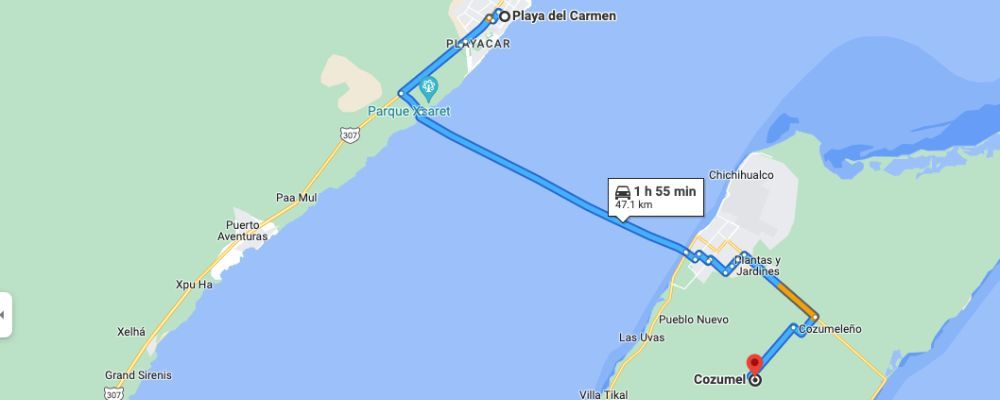 Map from Playa del Carmen to Cozumel