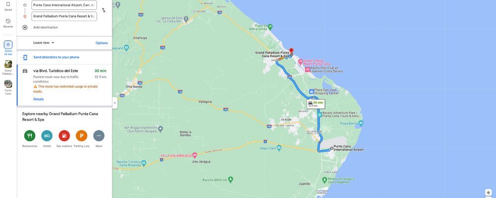 map from punta cana airport to Grand Palladium Punta Cana