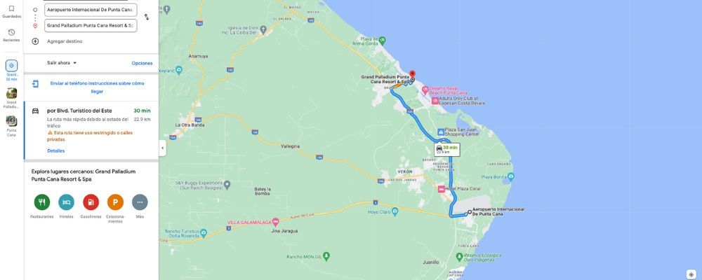 mapa de distancia entre el aeropuerto y el Grand Palladium Punta Cana