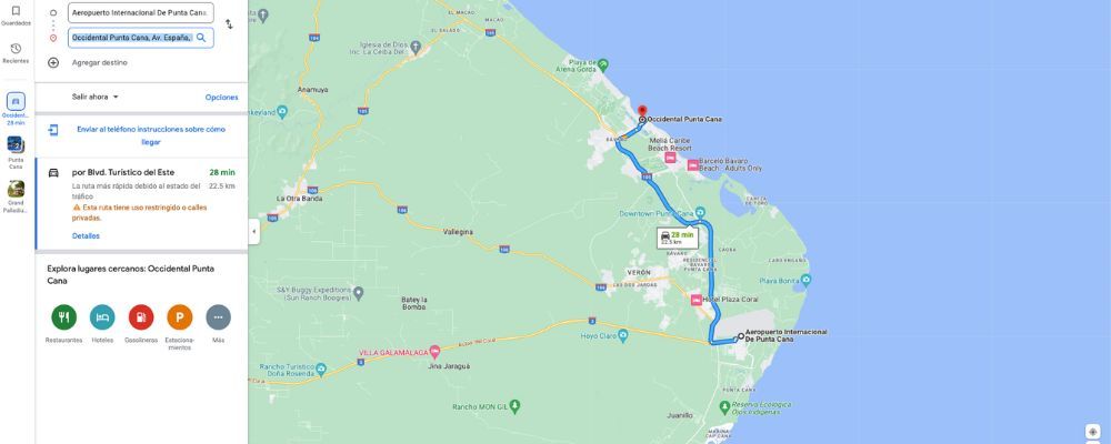 Map to get from Punta Cana Airport to Hotel Occidental