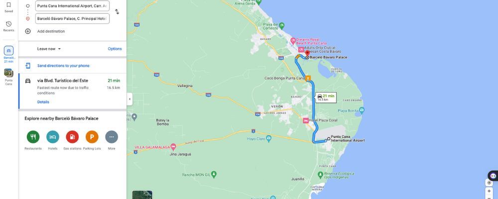 Distance from Airport Punta Cana to Hotel Barceló Bavaro Palace