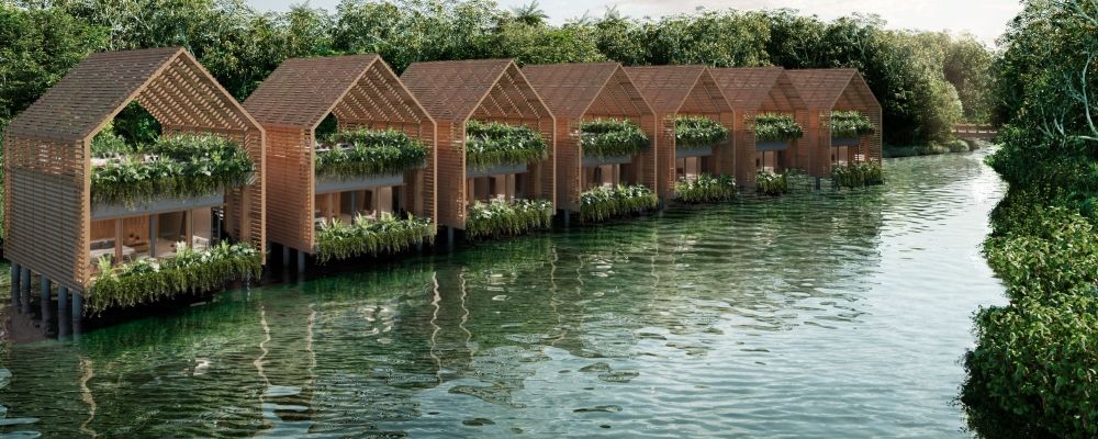 Banyan tree Mayakoba suites overwater in a lagoon