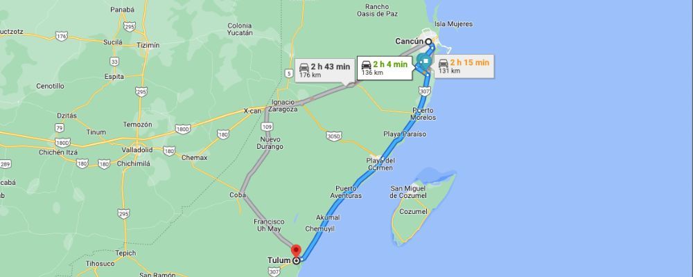 Map with distance from downtown Cancun to Tulum