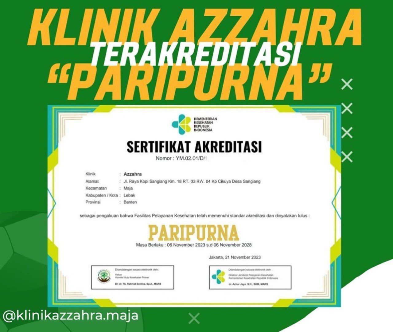 Sertifikat Akreditasi Paripurna Klinik Azzahra