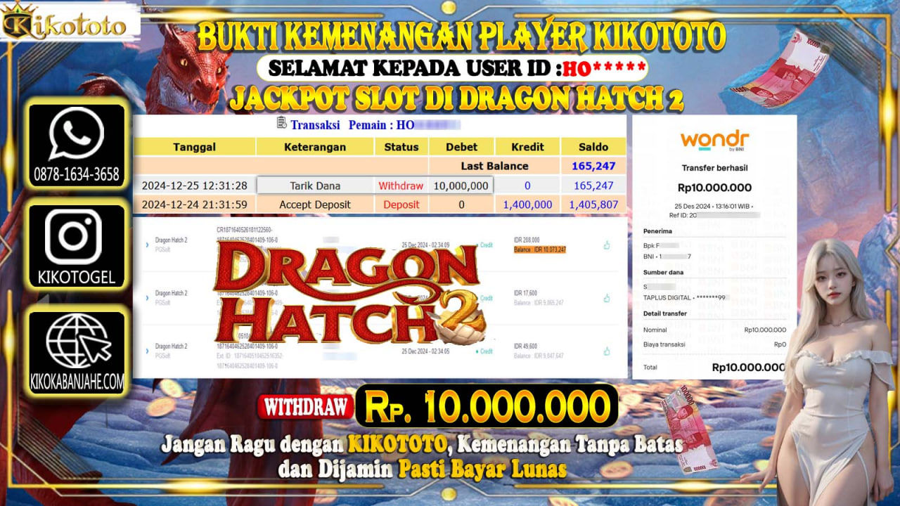 MENANG BESAR DI SLOT DRAGON HATCH 2 SEBESAR Rp 10.000.000 LANGSUNG DAN TANPA BASA BASI DI BAYAR KIKOTOTO !!!