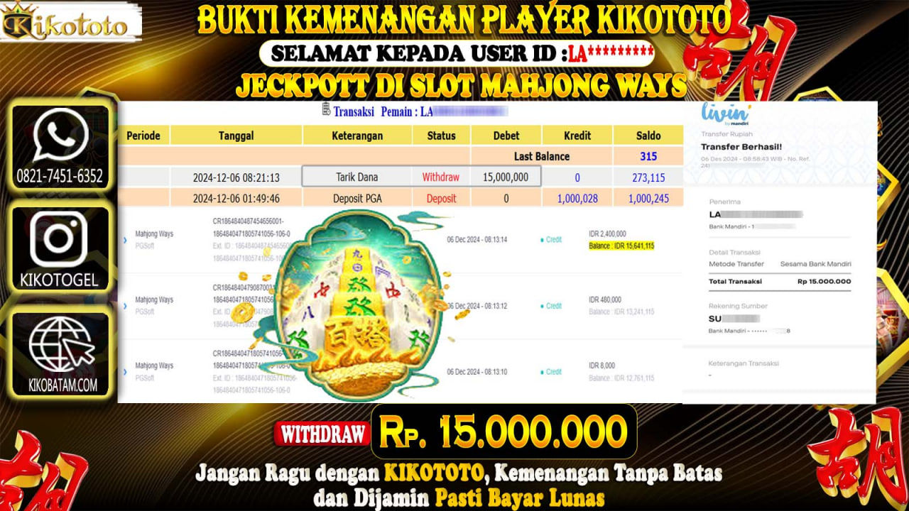LAGI - LAGI !! MENANG BESAR DI SLOT ONLINE MAHJONG WAYS SEBESAR Rp 15,000,000 LANGSUNG DAN TANPA BASA BASI DI BAYAR KIKOTOTO !!!
