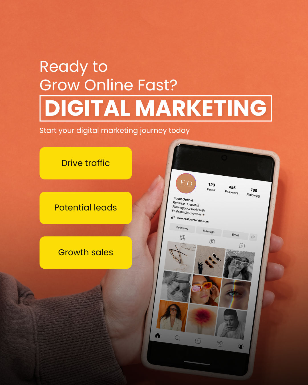 Digital marketing services promotional image showing social media marketing on a mobile phone for business growth