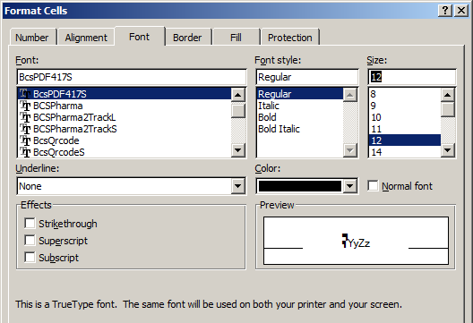 PDF417 typeface excel