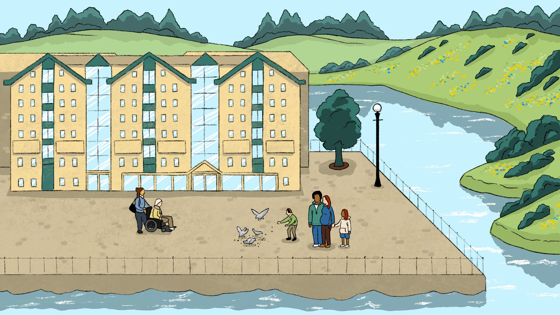A wheelchair user with their companion and a family with a child wearing headphones enjoy equal access to nature while feeding the birds and experiencing the open air in a scene picturing a 5 storey building complex surrounded by tranquil countryside and calm water.