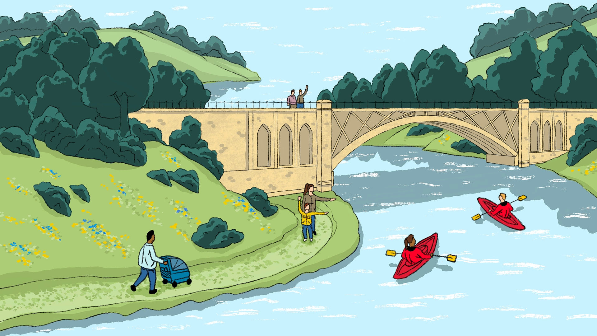 People enjoy equal access to nature while canoeing in a scene picturing a beautiful historic stone bridge crosses a river as it courses its way through green land, past flowers and trees. A group of adults and child walk along trails as they and a second group of people standing on the bridge wave to the canoeists passing by.