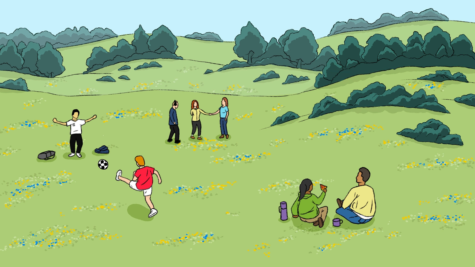 Groups of people meet, eat and enjoy play, unhindered by access needs surrounded by nature and open countryside, experiencing the benefits offered by beautiful scenery and fresh air.