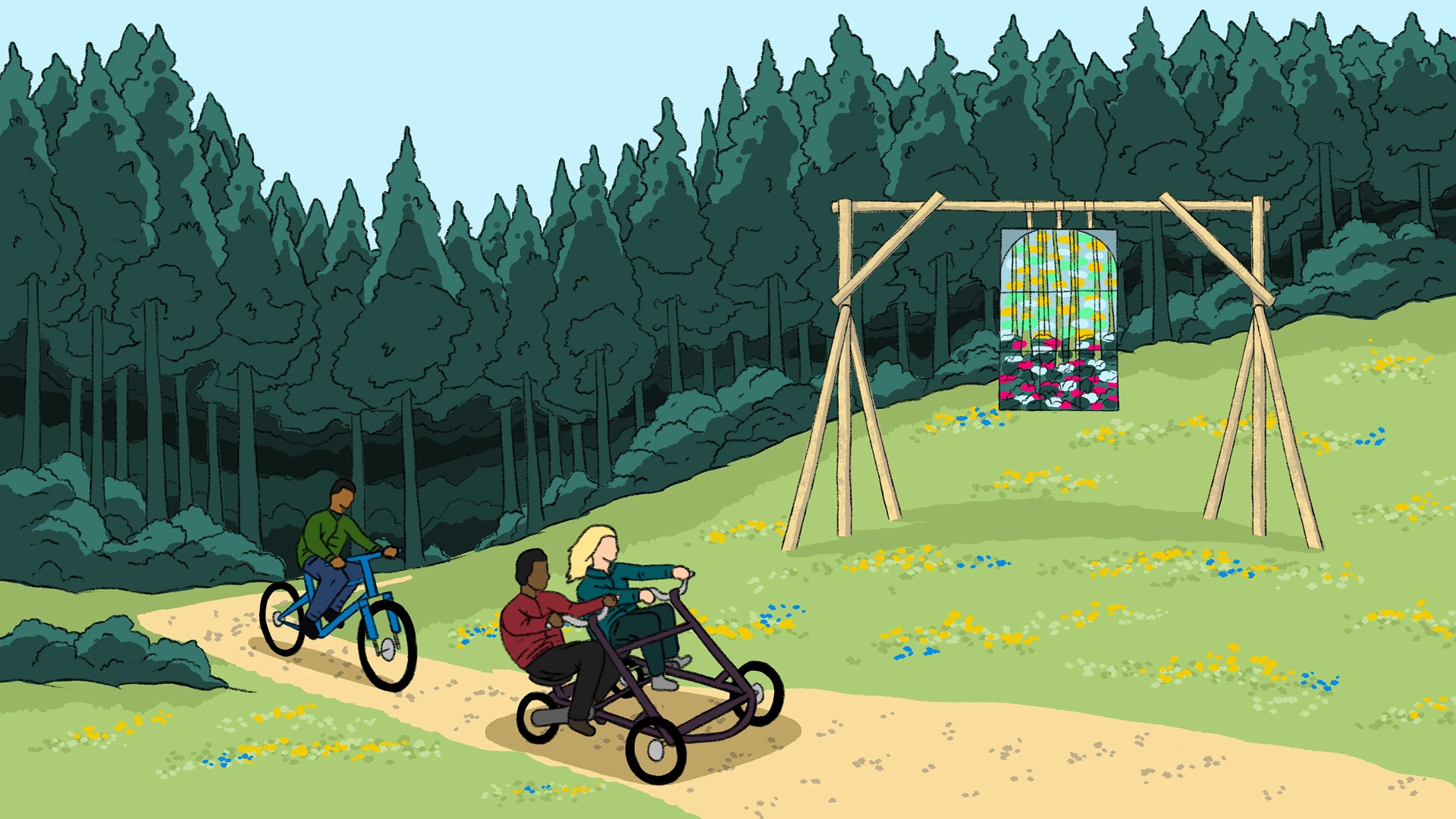 People enjoy equal access to nature cycling and karting in a scene picturing a floral image hanging from a rustic wooden framework in a clearing of a rich green wooded area.
