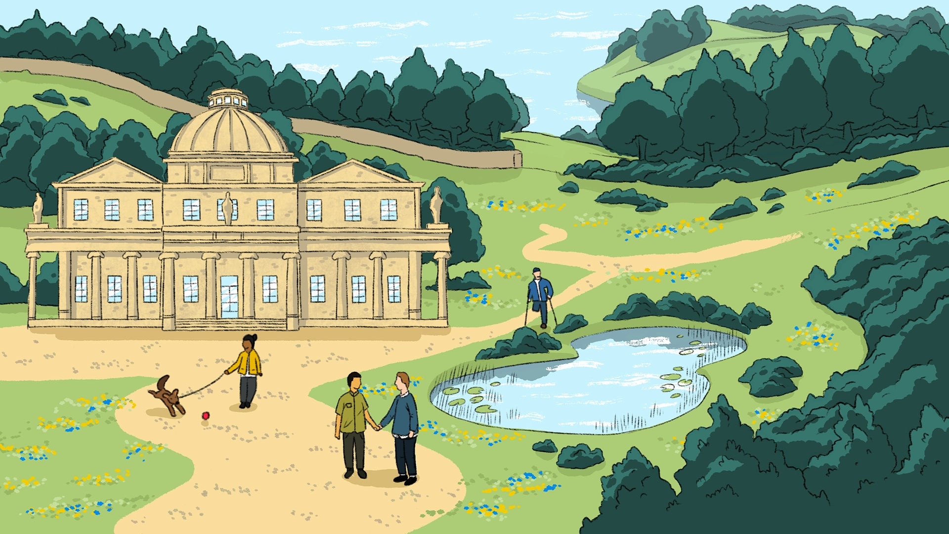 Groups of people with visible disabilities on crutches and hidden needs, enjoy equal access to nature while walking along trails, in a scene picturing a majestic historic building standing in peaceful natural surroundings, where trees and flowers grow. A dog being walked on a lead is invited to play ball by their owner, while a couple enjoy each others' company in the open air.