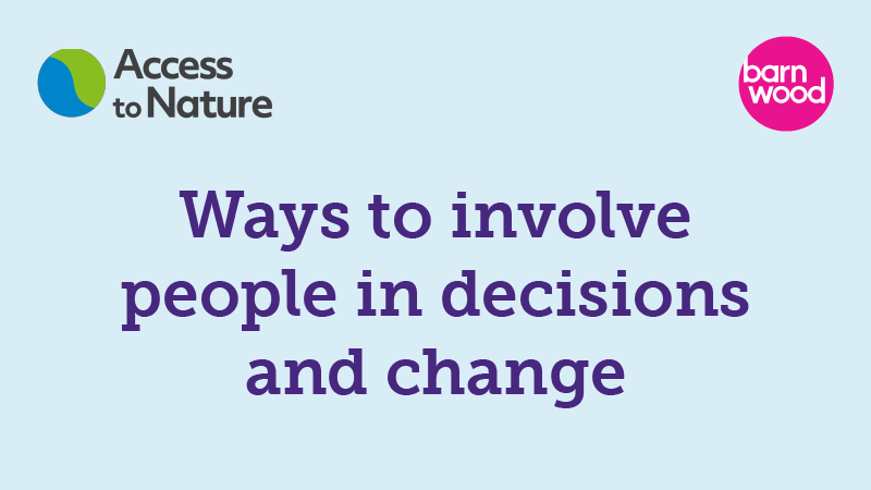 A thumbnail with the title 'Ways to involve people in decisions and change' overlaid onto a pale blue background, with both Barnwood Trust and Access to Nature logos in the top corners.