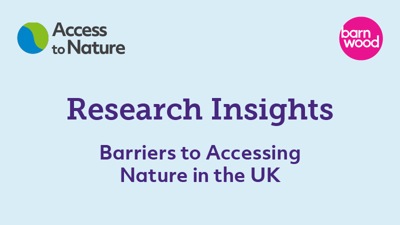 A thumbnail with the title 'Research Insights - Barriers to accessing nature in the UK' overlaid onto a pale blue background, with both Barnwood Trust and Access to Nature logos in the top corners.