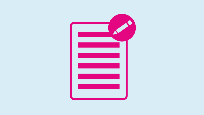 An icon of a pink piece of lined paper with a pencil, overlaid onto a pale blue background.