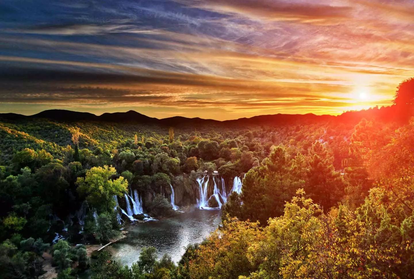 Kravice waterfalls in sunset