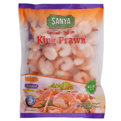 Sanya Frozen Cooked & Tail On King Prawn 41-50 IQF 400g