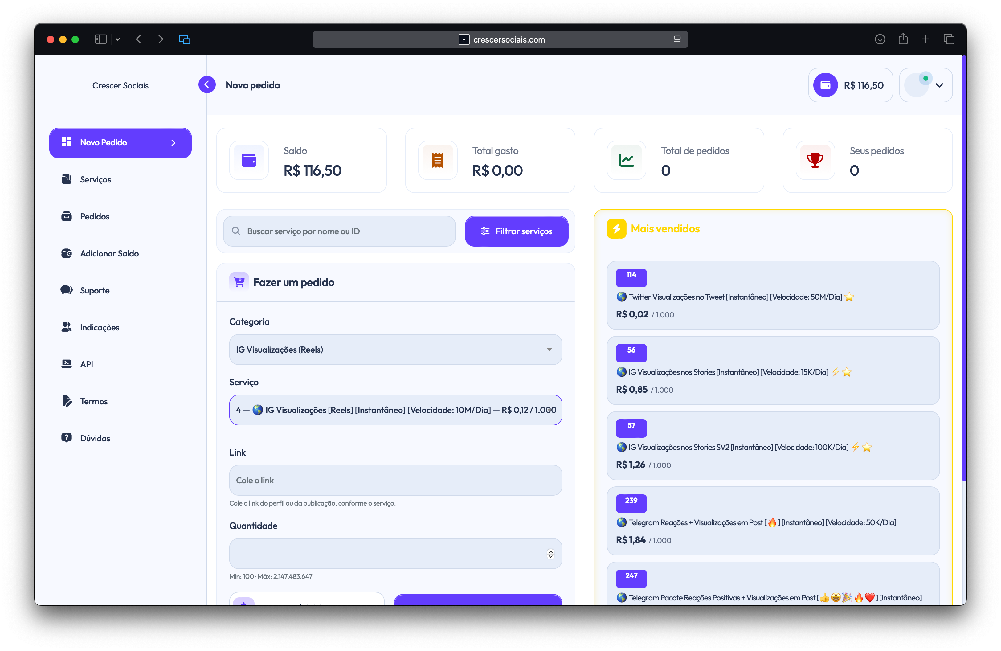 Interface interna da plataforma com a tabela de preços de atacado