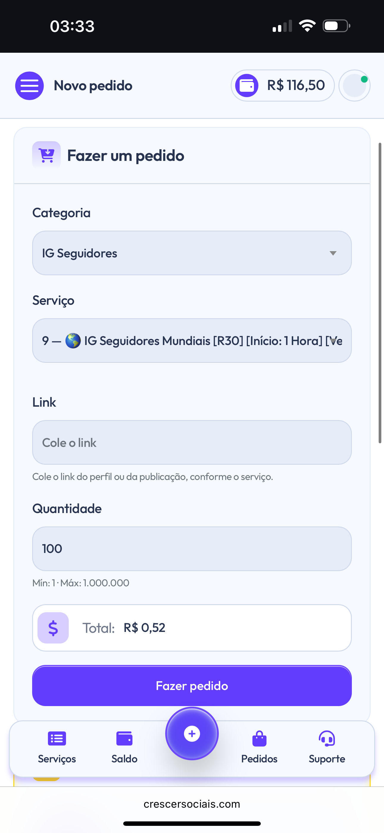 Interface real da plataforma no celular