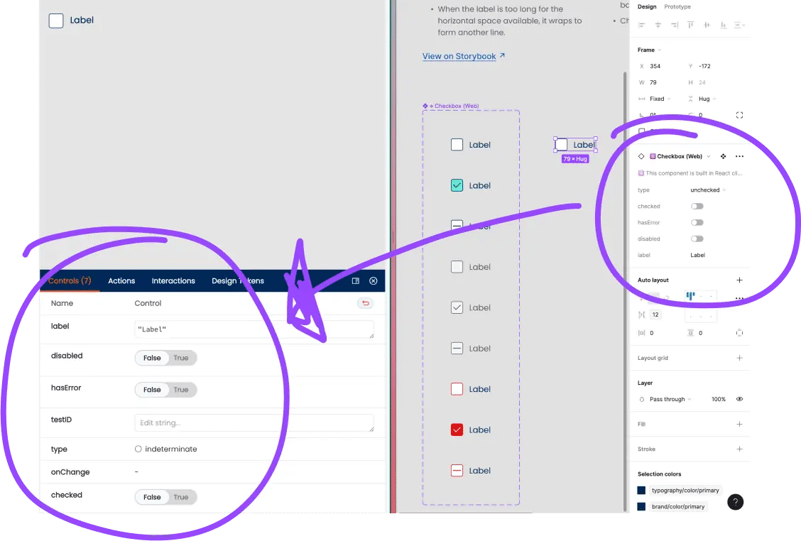 Component props example between Figma and Storybook