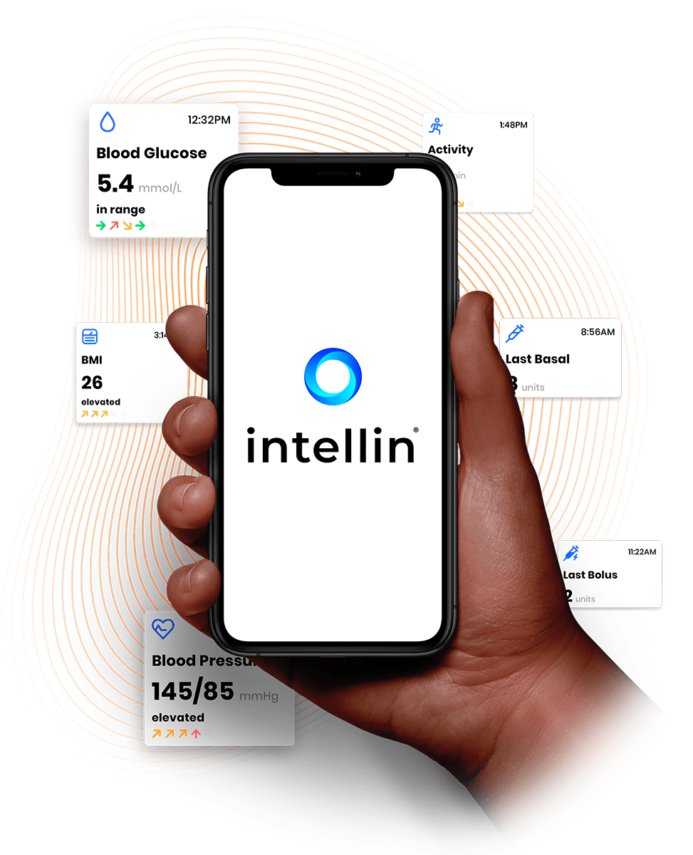 A person holding an iPhone displaying the Intellin app